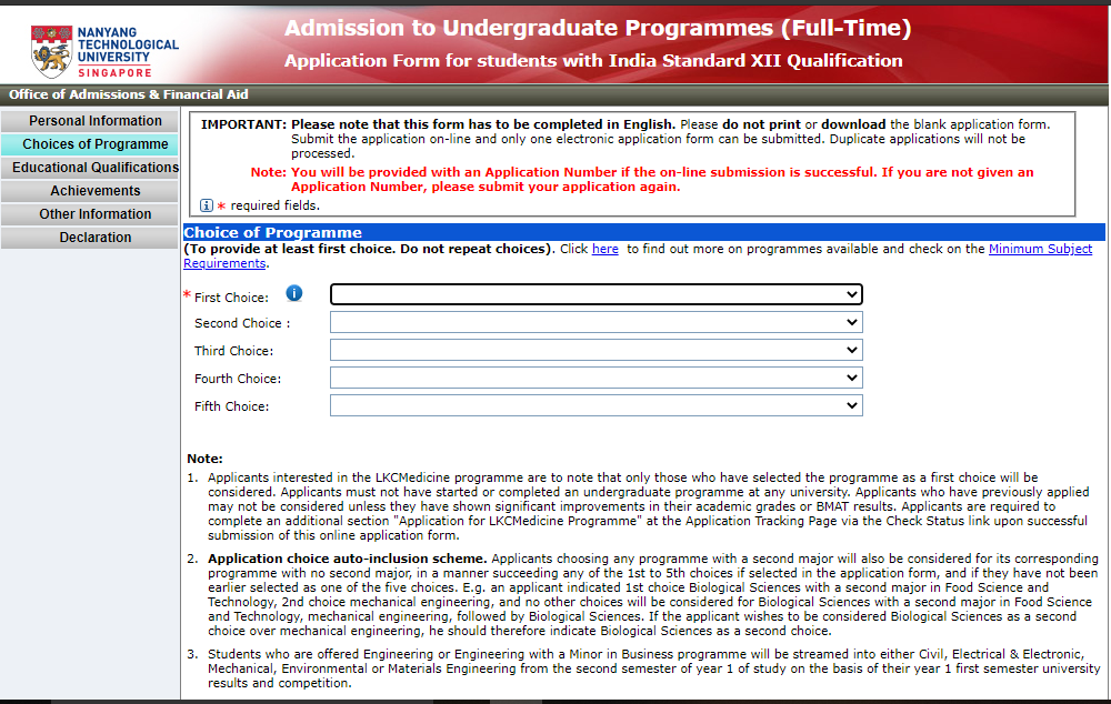 Nanyang Technological University Admission 2023 Application Fees